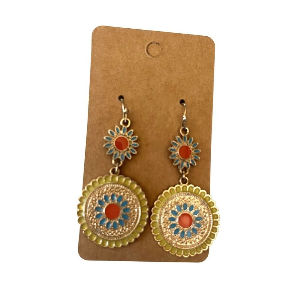 Boho Southwestern Red, Yellow Bue Turquoise Dangle Earrings - Picture 3 of 4
